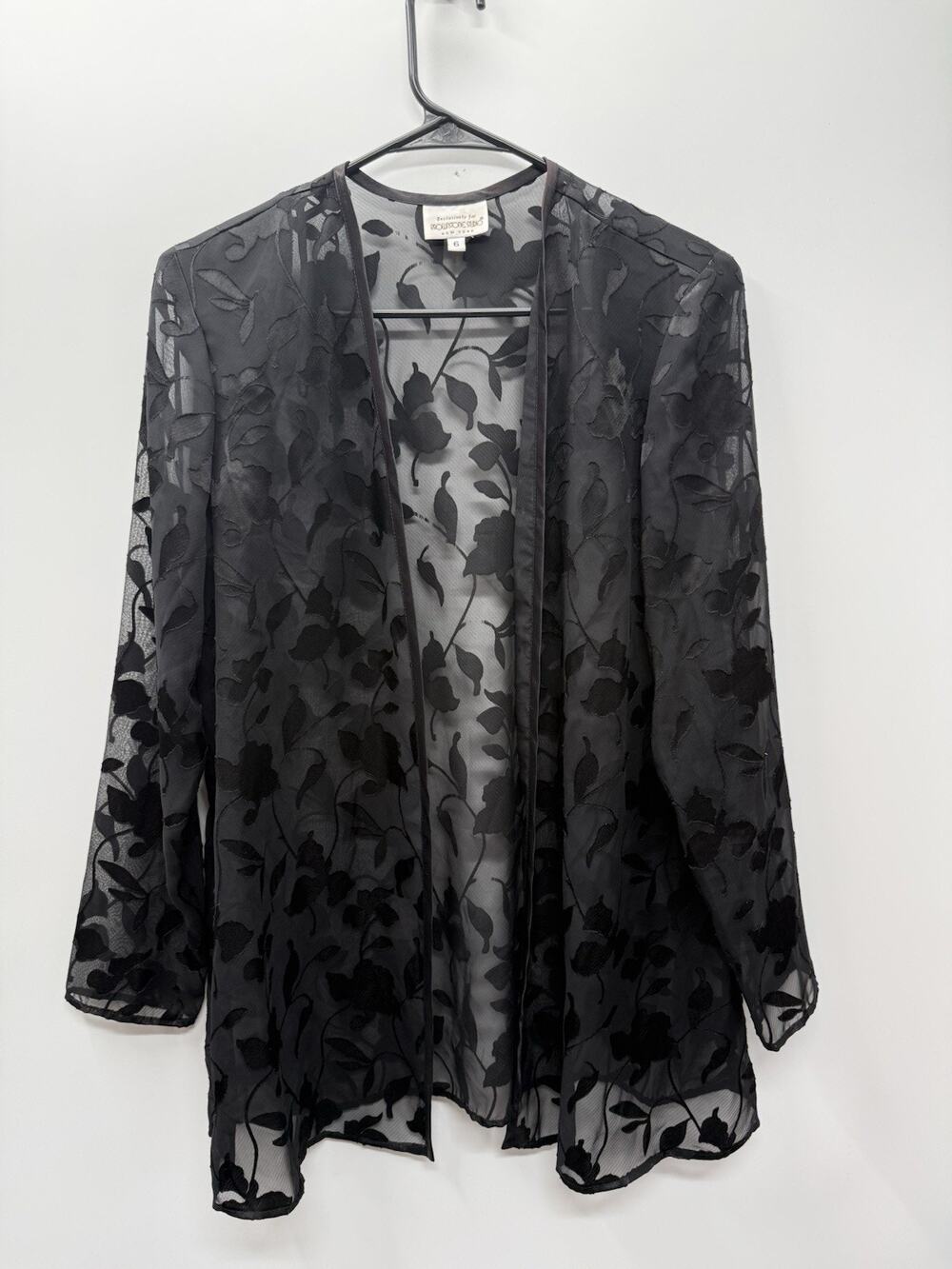 Black Sheer Burnout Floral Jacket Open Front Long Sleeve Size 6 Dark Romantic